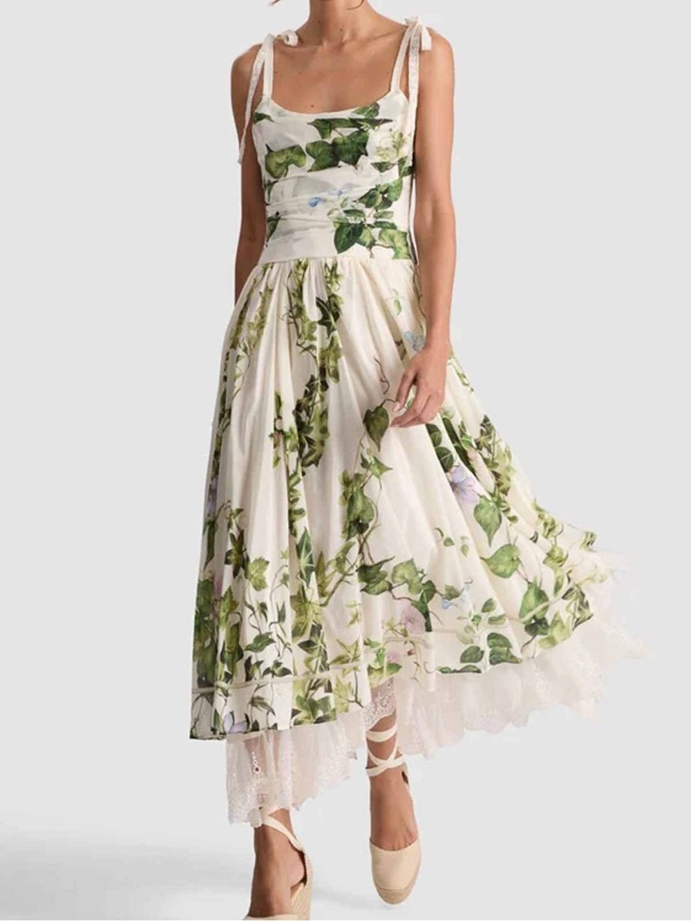 Alice + Olivia White Haven Flared MIDI Dress with Green Leaf Print